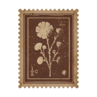 Retro Flower Branch Postage Stamp in Monochrome with Grunge Details. Old Faded Scrapbook Paper png