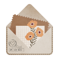 Vintage Scrapbook Envelope with Flowers and Postal Stamps. Old Grunge Note Isolated on Transparent Background png