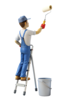 A man in overalls stands on a ladder and paints a wall with a roller isolated on transparent background. png