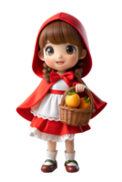 , 3d rendre kawaii style une fille dans une peu rouge équitation capuche costume, en portant une cc panier dans un main. isolé transparent Contexte png