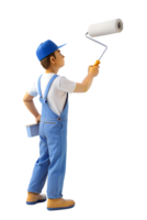 A man in overalls stands on a ladder and paints a wall with a roller isolated on transparent background. png