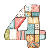 The number 4 is made up of many different pieces of fabric, creating a colorful png