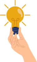 human hand cartoon holding illuminated light bulb for idea illustration or innovation and thinking concept png