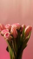 A close-up vertical plan of a summer pink bouquet of flowers. Tulips and roses on a neon background with copy space, paste text video