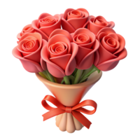 3d elegant red rose bouquet with coral ribbon, ideal for love expressions, romantic events, and decorative purposes png