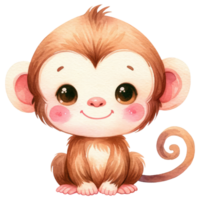 A heartwarming watercolor illustration of an adorable cartoon monkey with big sparkling eyes, sitting and smiling, on a dark background. png