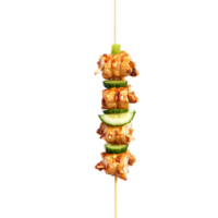 Chicken Satay with marinated chicken skewers peanut sauce and cucumber salad twirling with steam rising png