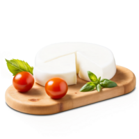 Buffalo milk mozzarella on a wooden board accompanied by fresh basil leaves and cherry tomatoes png