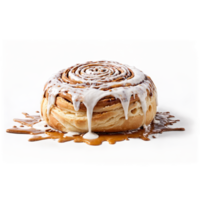 Cinnamon roll gooey and swirled with frosting dripping down the sides and a dusting of png