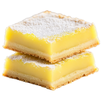 Zitrone Bar mit scharf Zitrone Füllung butterartig Shortbread Kruste abgestaubt mit pulverisiert Zucker Platz gestalten png