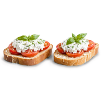 Breakfast bruschetta golden toast topped with ricotta sliced tomatoes and fresh basil leaves with bals png