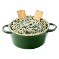 Spinach artichoke dip creamy and bubbling scooping and stretching with vegetable sticks and crackers flying png