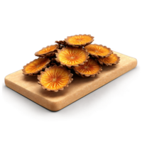 Dried salak slices brown with a scaly texture spinning dynamically like miniature pine cones Food png