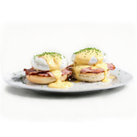 Eggs Benedict poached eggs and Canadian bacon atop an English muffin with hollandaise sauce pouring png