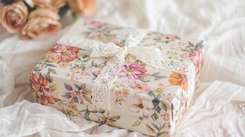 Blank mockup of a vintageinspired gift box with a floral print and a lace ribbon. photo