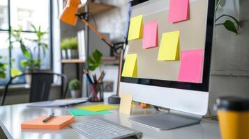 Blank mockup of a blank sticky note attached to a computer screen with a reminder written in bold letters. photo