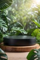 luxurious Platform and podium background on nature and monstera leaves for product stand display advertising cosmetic beauty products or skincare with empty round stage photo