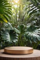 luxurious Platform and podium background on nature and monstera leaves for product stand display advertising cosmetic beauty products or skincare with empty round stage photo