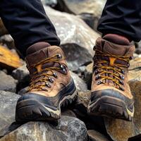 Hiking comfortable boots on a rock in the mountains photo