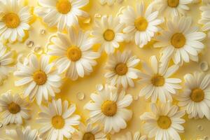 Summer yellow background with white chamomiles. photo