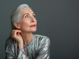 Confident elderly woman looking away, wearing silver blouse on gray background. AI-generated content. photo