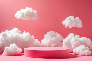 rosado podio en un rosado antecedentes con nubes para producto publicidad. foto