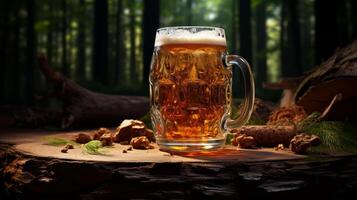 vaso de cerveza en un de madera mesa en el bosque. cerveza antecedentes foto