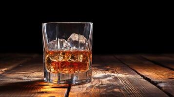 Glass of whiskey with ice cubes on old wooden table, black background photo