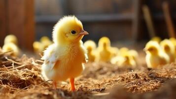 linda pequeño amarillo pollo en el granja. contento Pascua de Resurrección. foto