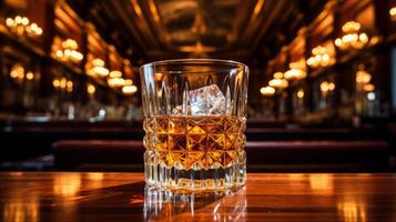 Glass of whiskey with ice cubes on bar counter in pub or restaurant photo