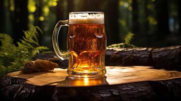 Mug of light beer on a wooden table in the forest. photo