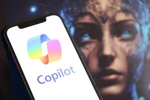 KYIV, UKRAINE - MARCH 17, 2024 Microsoft Copilot logo on iPhone display screen with background of artificial intelligence futuristic ai generated image photo
