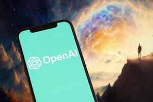 KYIV, UKRAINE - MARCH 17, 2024 OpenAI logo on iPhone display screen with background of artificial intelligence futuristic ai generated image photo