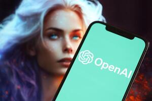 KYIV, UKRAINE - MARCH 17, 2024 OpenAI logo on iPhone display screen with background of artificial intelligence futuristic ai generated image photo