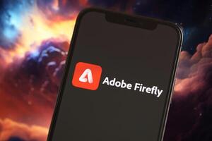 KYIV, UKRAINE - MARCH 17, 2024 Adobe Firefly logo on iPhone display screen with background of artificial intelligence futuristic ai generated image photo