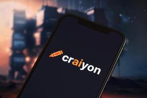 KYIV, UKRAINE - MARCH 17, 2024 Craiyon logo on iPhone display screen with background of artificial intelligence futuristic ai generated image photo