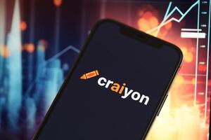 KYIV, UKRAINE - MARCH 17, 2024 Craiyon logo on iPhone display screen with background of artificial intelligence futuristic ai generated image photo