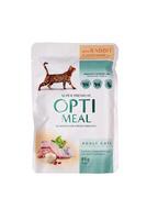 KHARKIV, UKRAINE - JANUARY 2, 2021 Optimeal cat meal packs. Optimeal is product by Kormotech LLC, a global family company, the largest producer of pet food in Ukraine photo