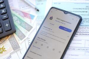 TERNOPIL, UKRAINE - AUGUST 3, 2023 PKO application on screen on modern smartphone. Official app of famous polish bank photo