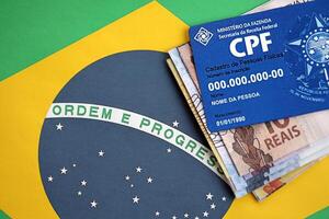 KYIV, UKRAINE - OCTOBER 31, 2023 Blue CPF card document template. The document guarantees authenticity and integrity in electronic communication between people in Brazil photo