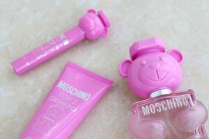 KYIV, UKRAINE - 4 MAY, 2023 Bottle of Toy bubble gum perfume by Moschino, is an Italian luxury fashion house founded in 1983 by Franco Moschino photo