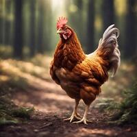 a chicken is standing in the woods photo