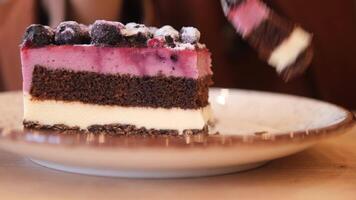 chocolate and cream cake on a plate on table video