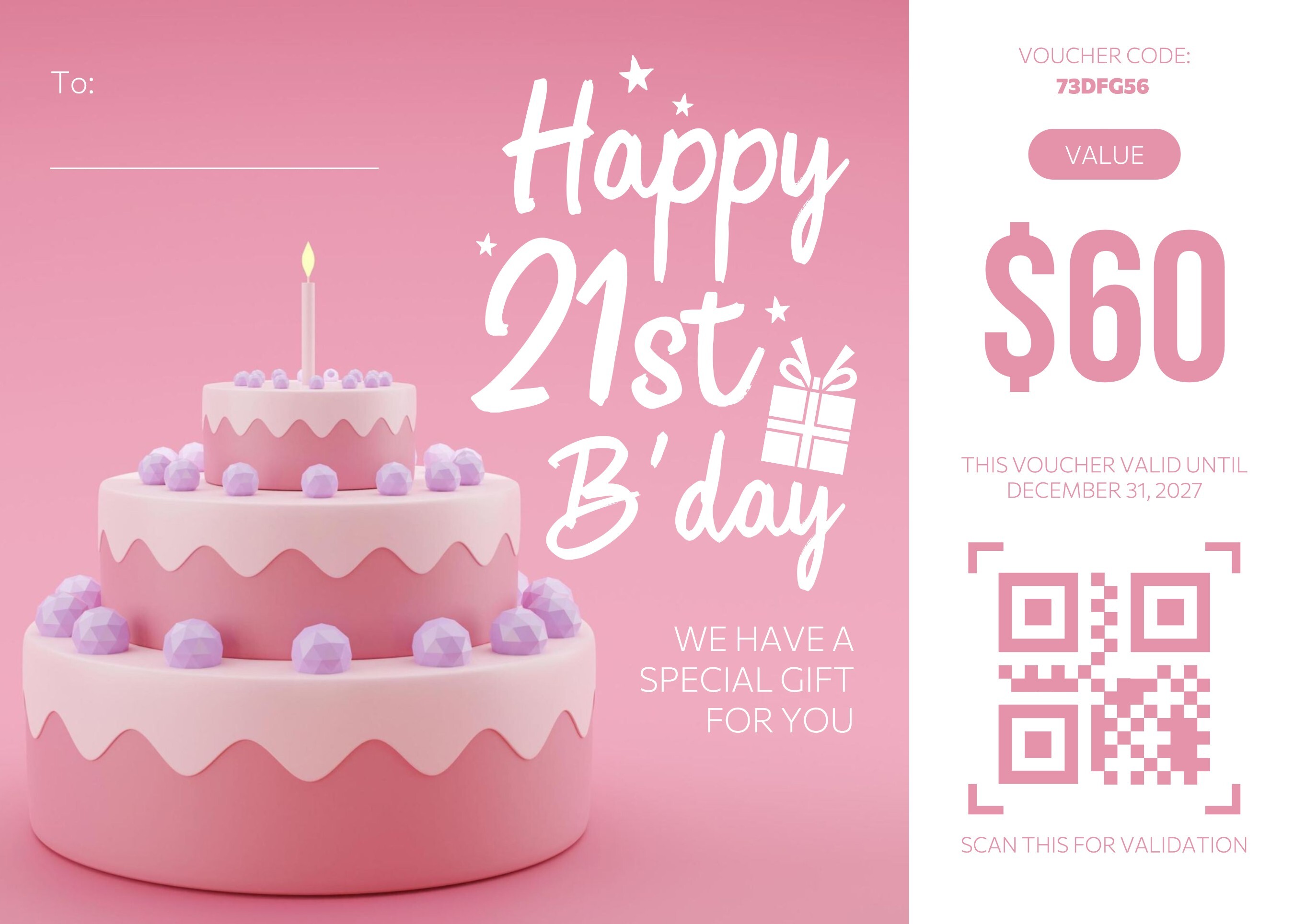 Pink Theme 21st Birthday Gift Certificate