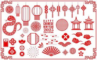 Happy chinese new year 2025 the snake zodiac sign logo with lantern,flower, and asian elements red paper cut style on color background. vector