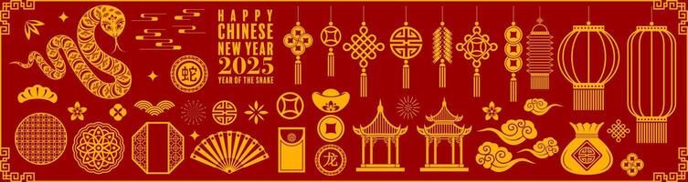 Happy chinese new year 2025 the snake zodiac sign logo with lantern,flower, and asian elements red paper cut style on color background. vector