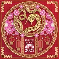 Happy chinese new year 2025  the snake zodiac sign with flower,lantern,pattern,cloud asian elements red,gold  paper cut style on color background. vector