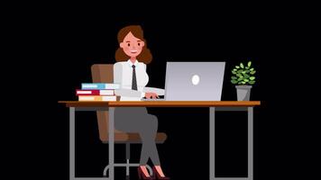 Female Office Worker Working On Computer In Office On Alpha Channel 2D Animation video