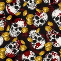 Grunge pattern with human skulls, golden coins, red paint splatter, halftone shapes. Gothic style. Concept of money. For apparel, fabric, textile, surface decoration. vector