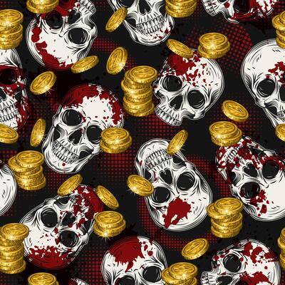 Grunge pattern with human skulls, golden coins, red paint splatter, halftone shapes. Gothic style. Concept of money. For apparel, fabric, textile, surface decoration.